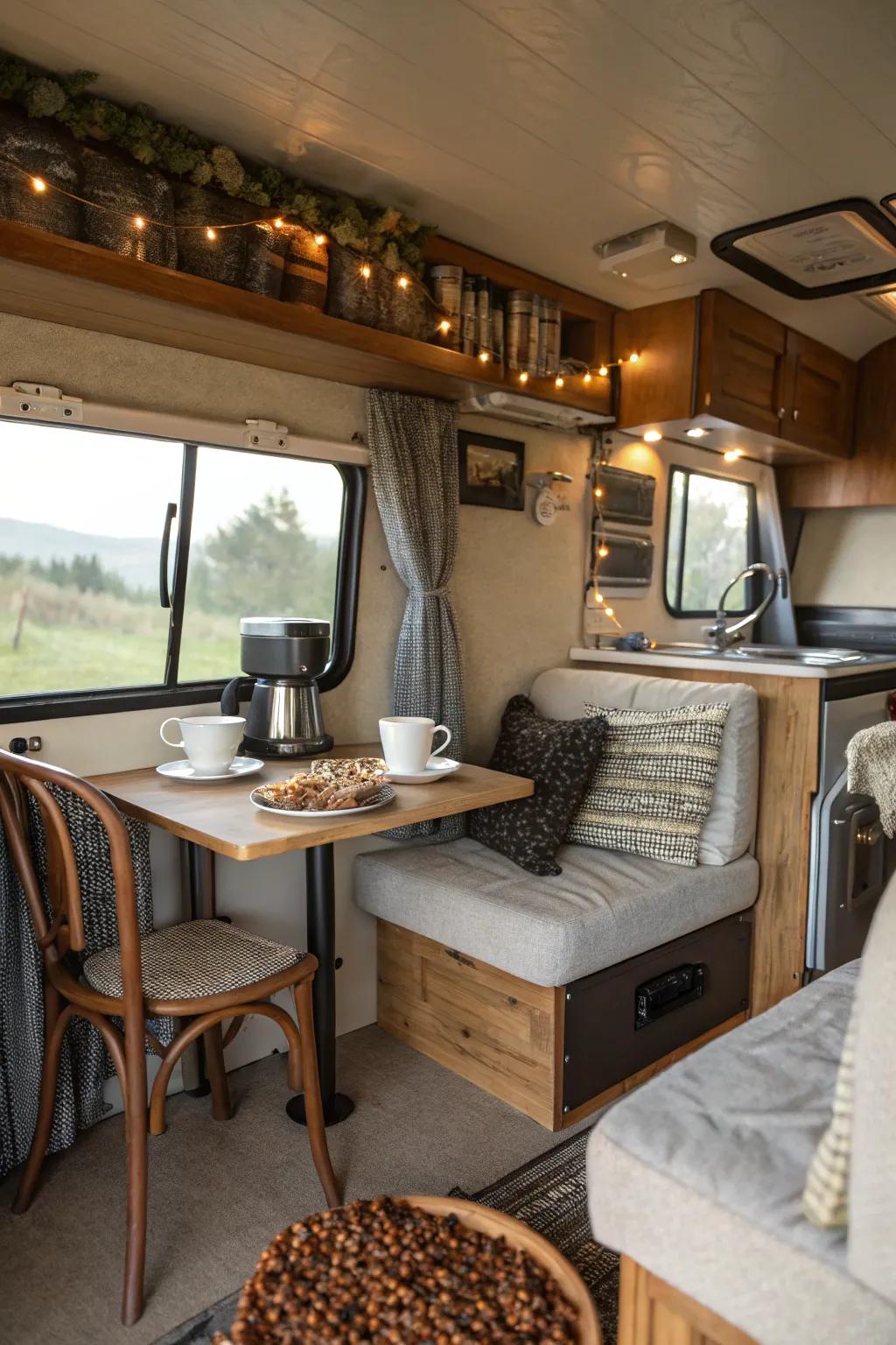 A coffee nook includes a practical and charming touch to your RV.