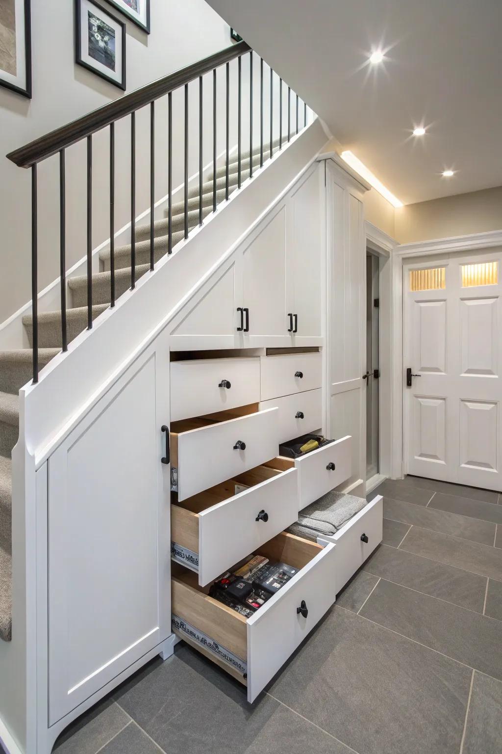 Innovative storage solutions under the stairs, offering ample space.