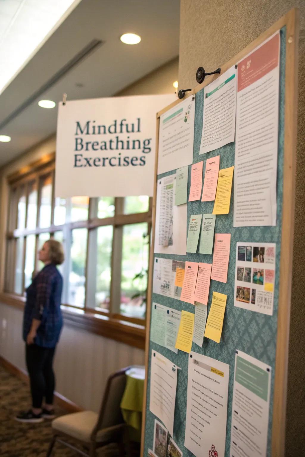 A wellness pinboard featuring reflective respiration exercises.