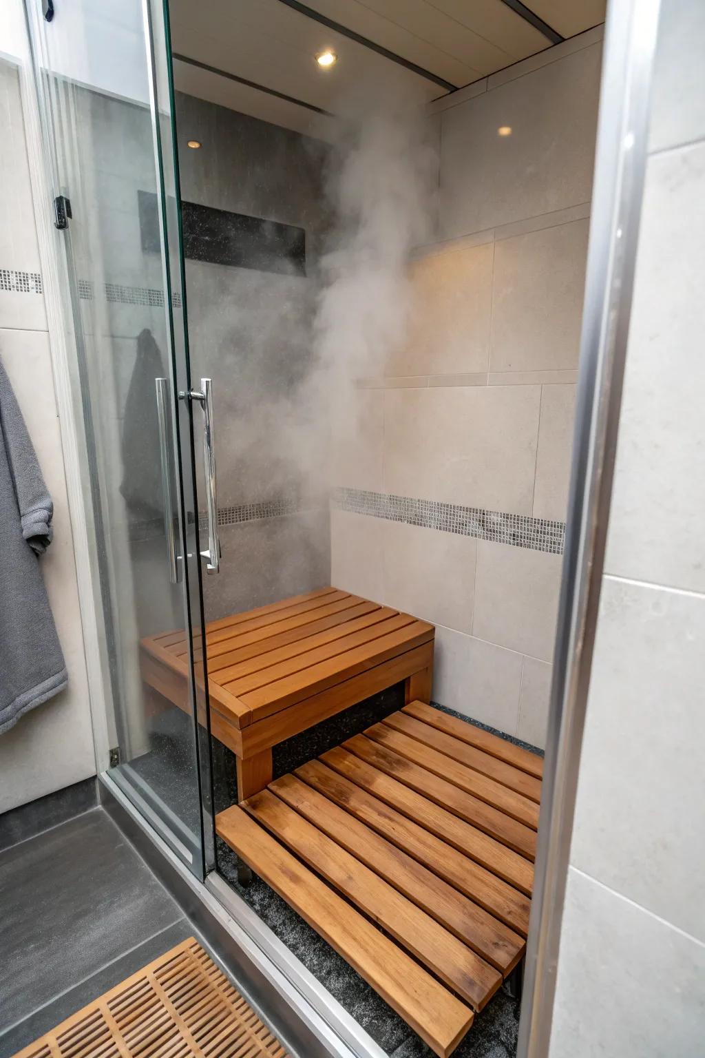 Folding seats offer space-saving comfort in steam enclosures.