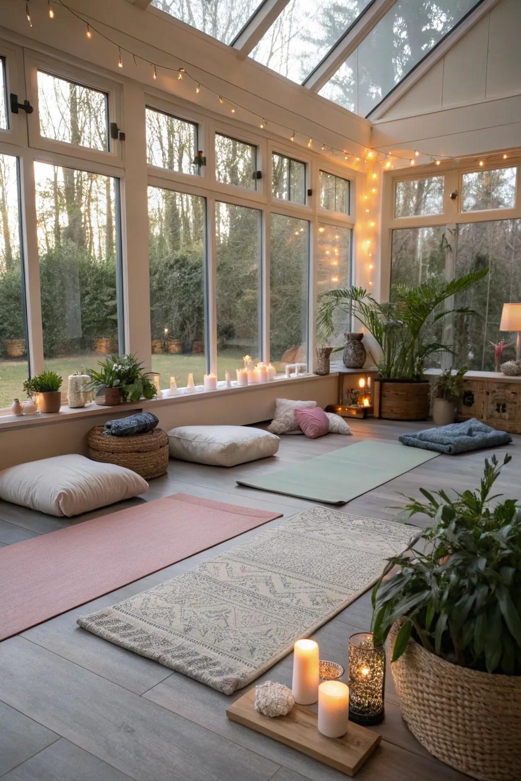 A serene sunroom intended for yoga and meditation.