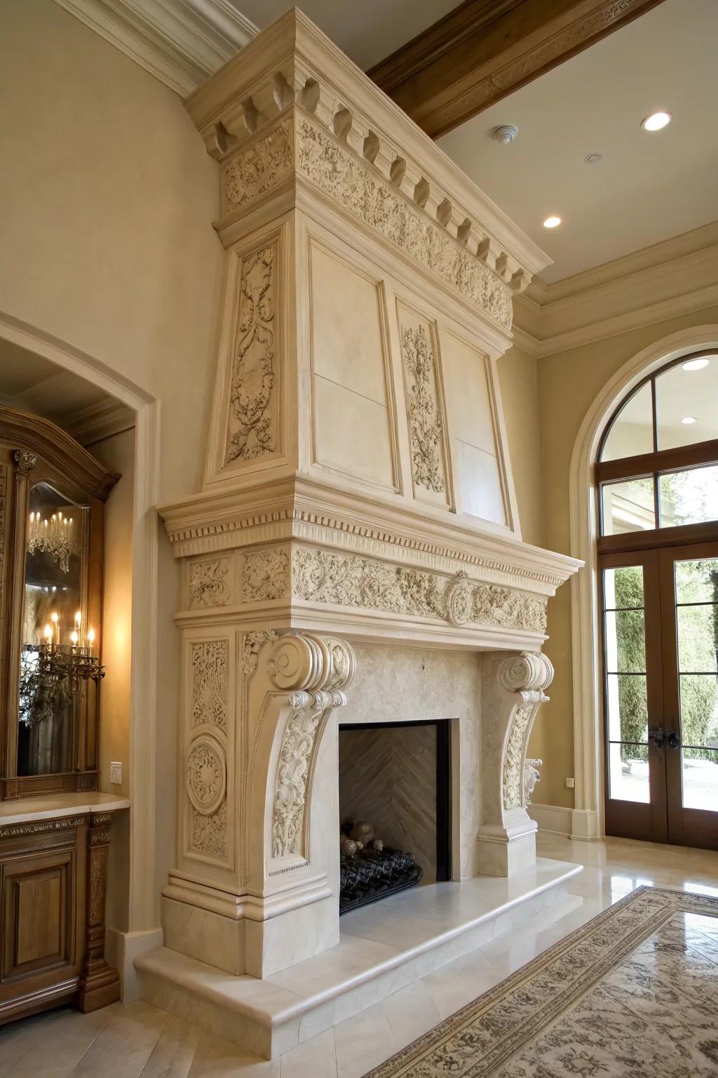 A tall mantel that features design details for further class.
