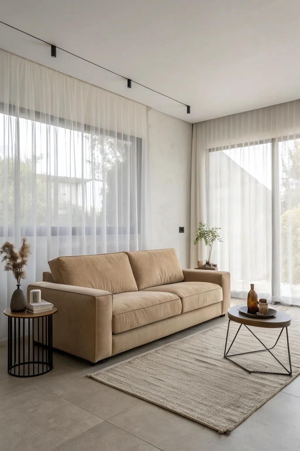 A less-is-more approach highlights the elegance of a beige sofa.