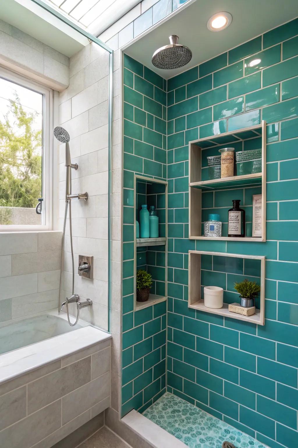 Turquoise ceramic recesses infuse practical storage and style to your shower.