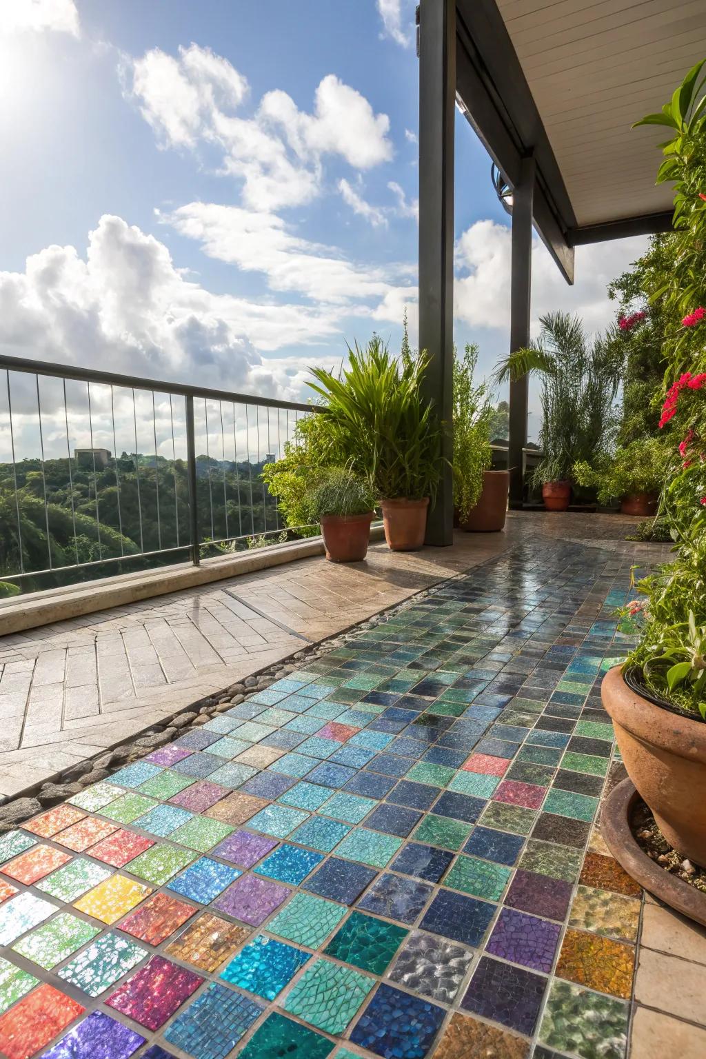 Glass mosaic squares offer a unique and dazzling patio ground option.