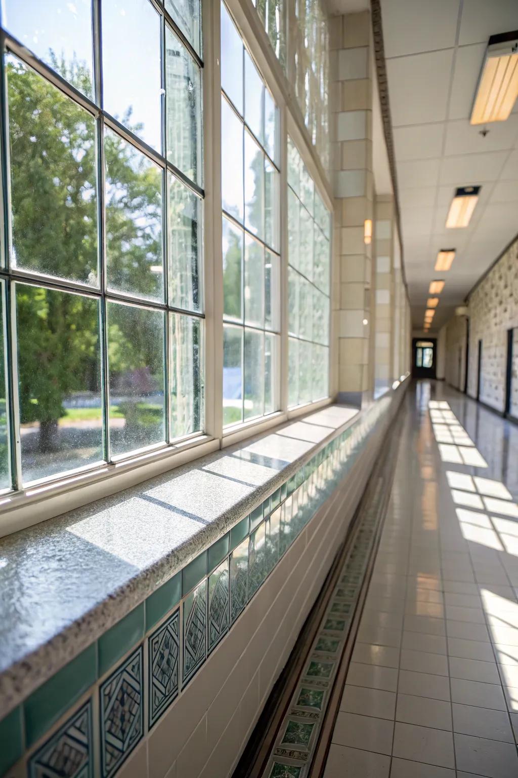 Reflective glass tiles enhance natural light, brightening up this hallway window sill.