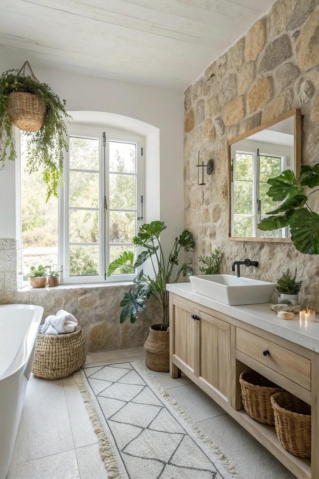 A white bathroom featuring natural rock accents that introduces an organic touch.