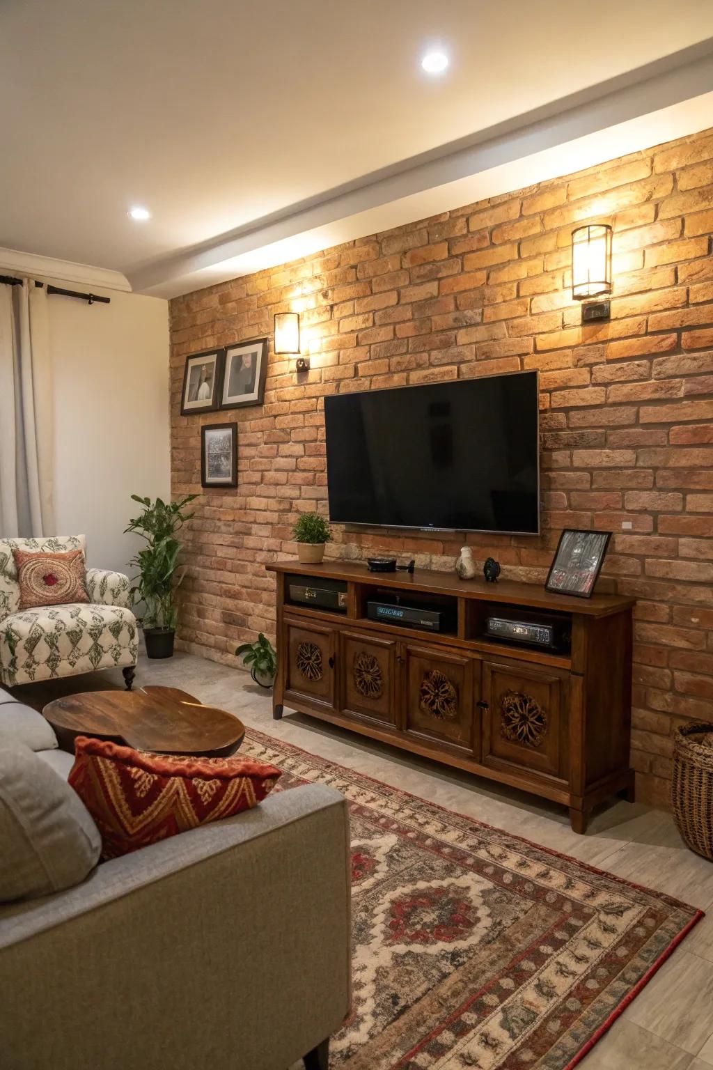 Vintage stonework injects character and warmth into this TV accent wall.