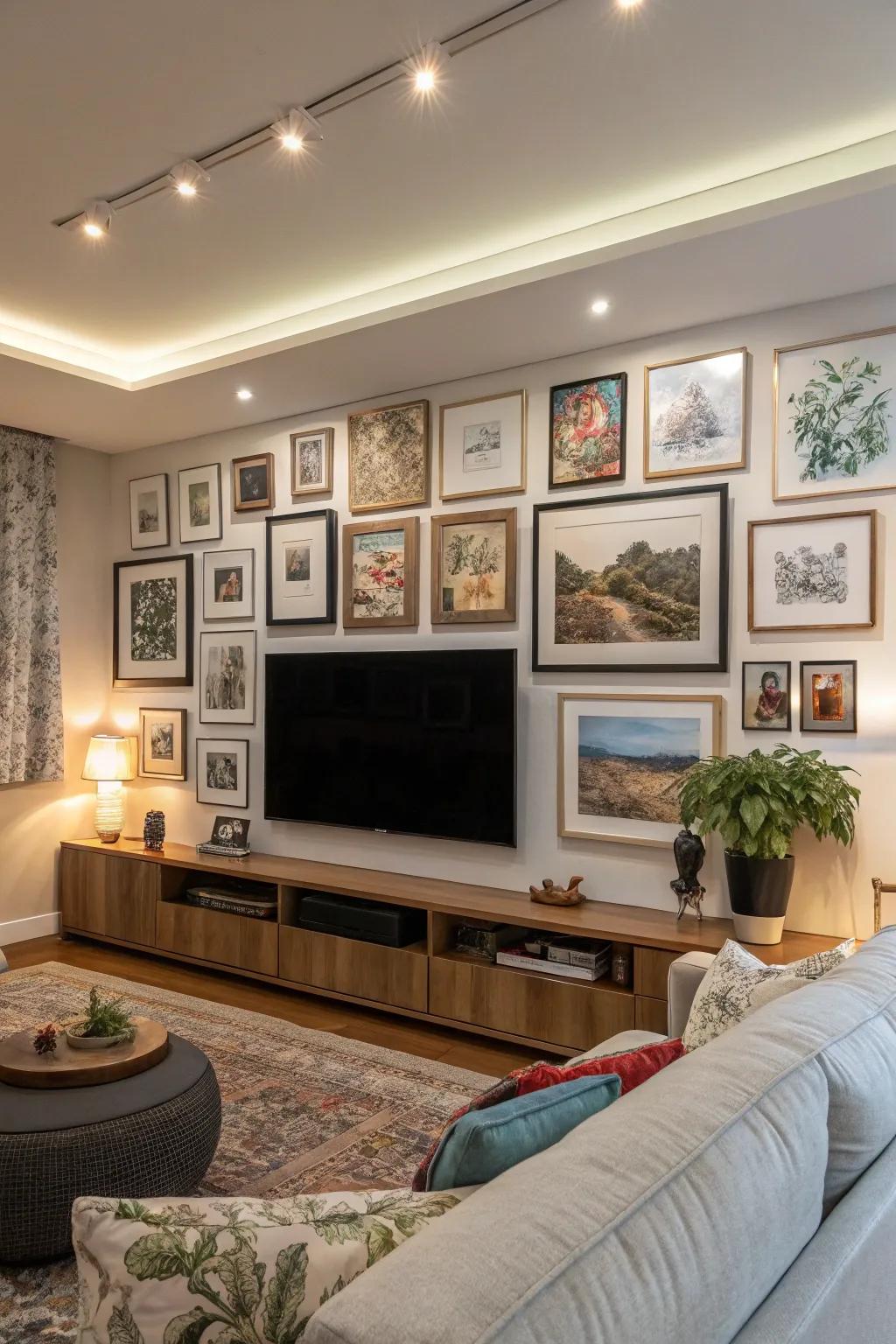 An artistic wall that cleverly integrates the TV.