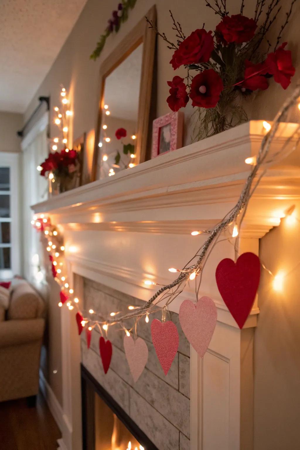 Twinkling corded lights fashion a fairy-tale ambiance upon the mantel.