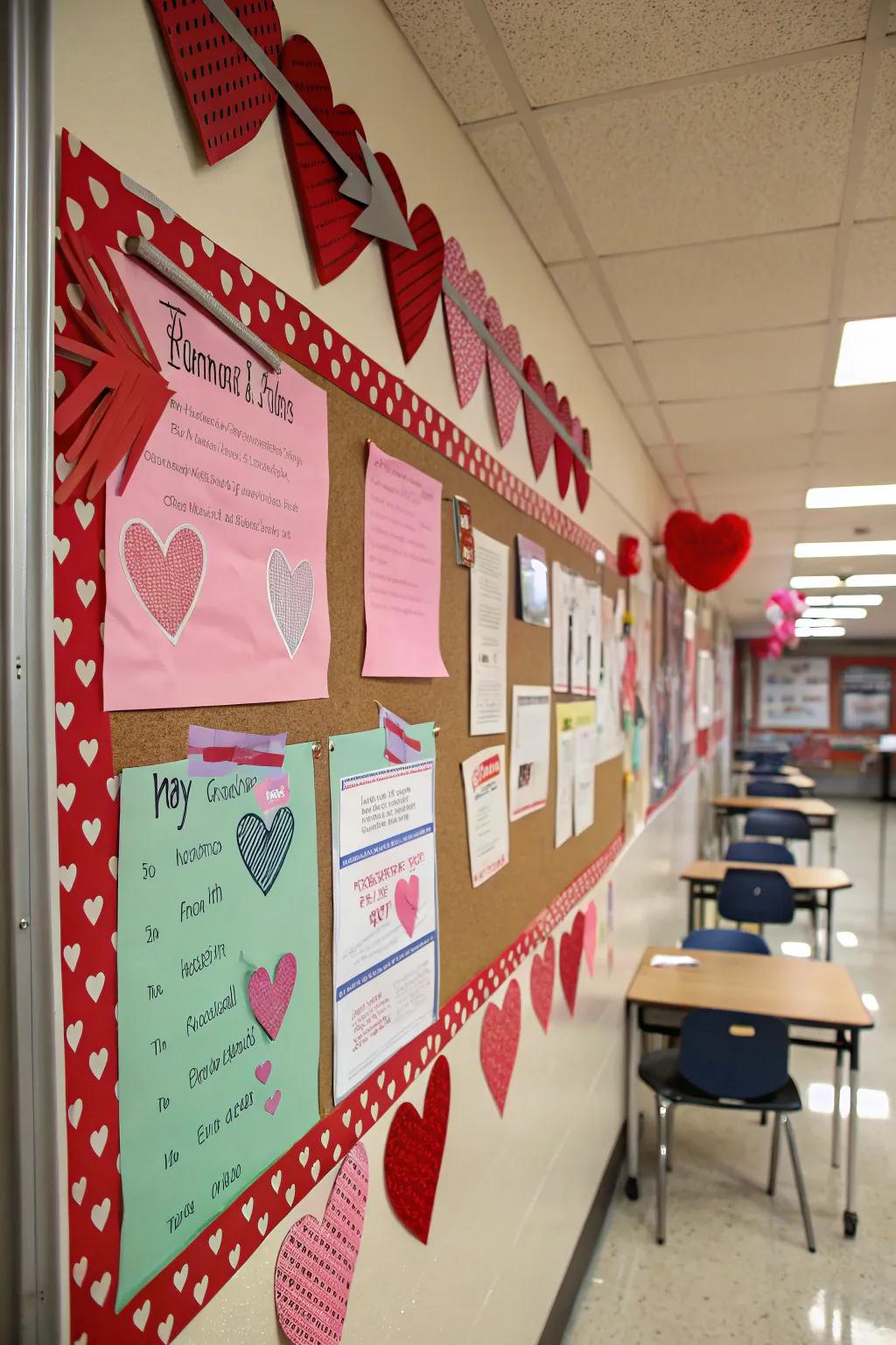 A Cupid's Nook notice board featuring thematic Valentine's embellishments.