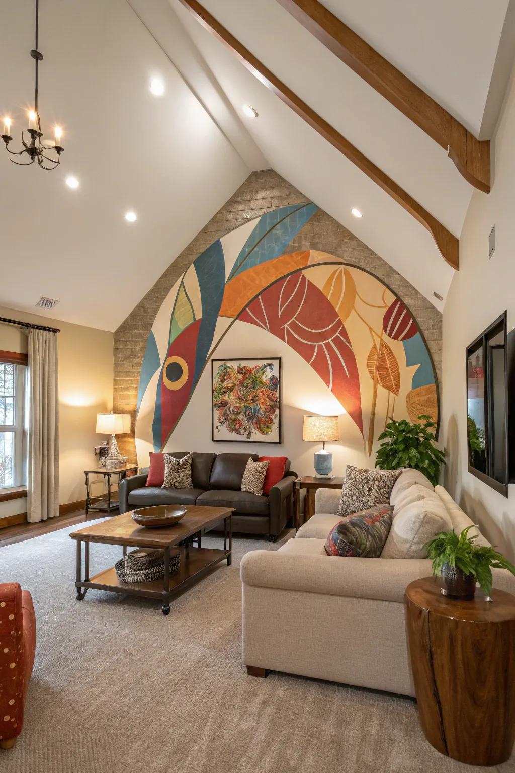 Living room with vaulted ceiling and abstract mural feature wall