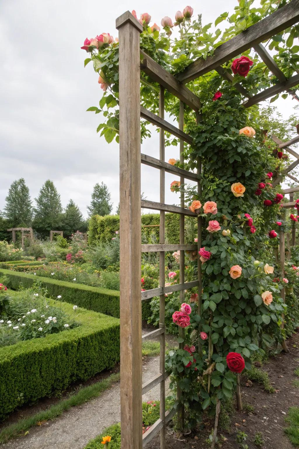 Lumber grid trellises offer a traditional garden aesthetic.