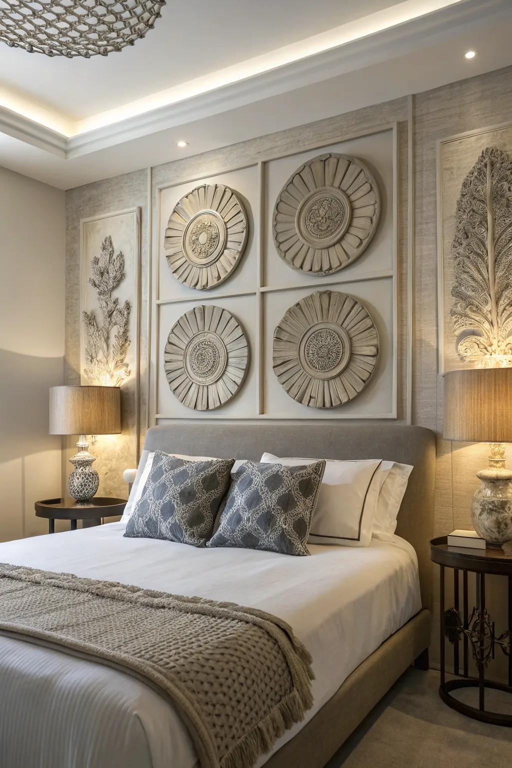 Sculptural elements contribute dimension and intrigue.