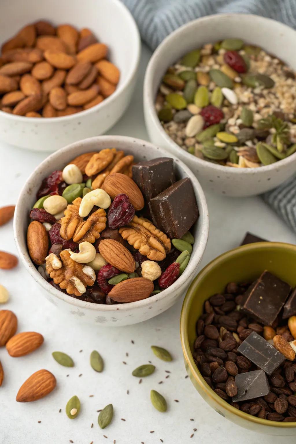 A delightful mix of nuts, seeds, and chocolate for a gourmet snack mix experience.