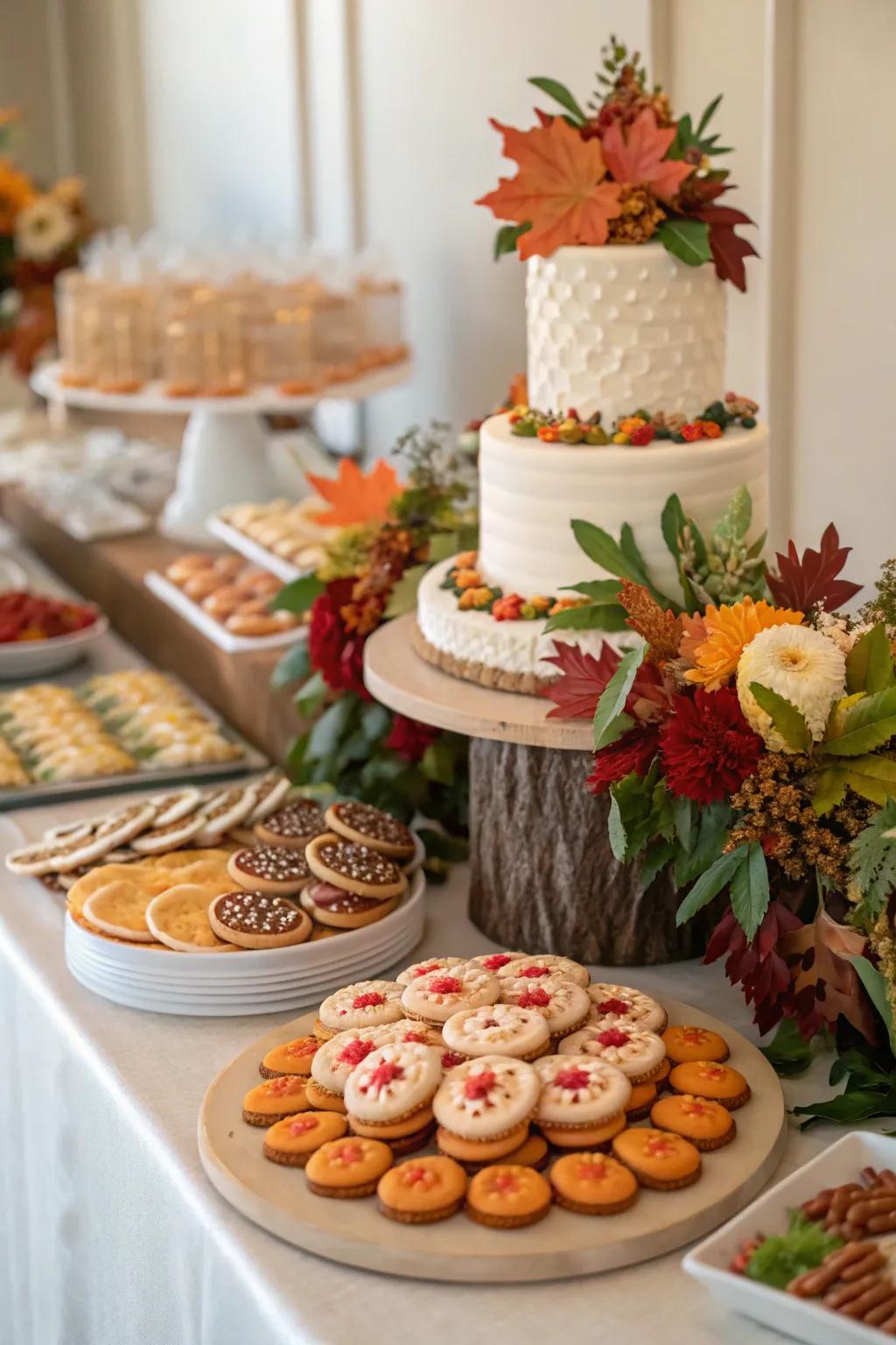 Seasonal decorations introduce a timely nuance to a wedding pastry station.