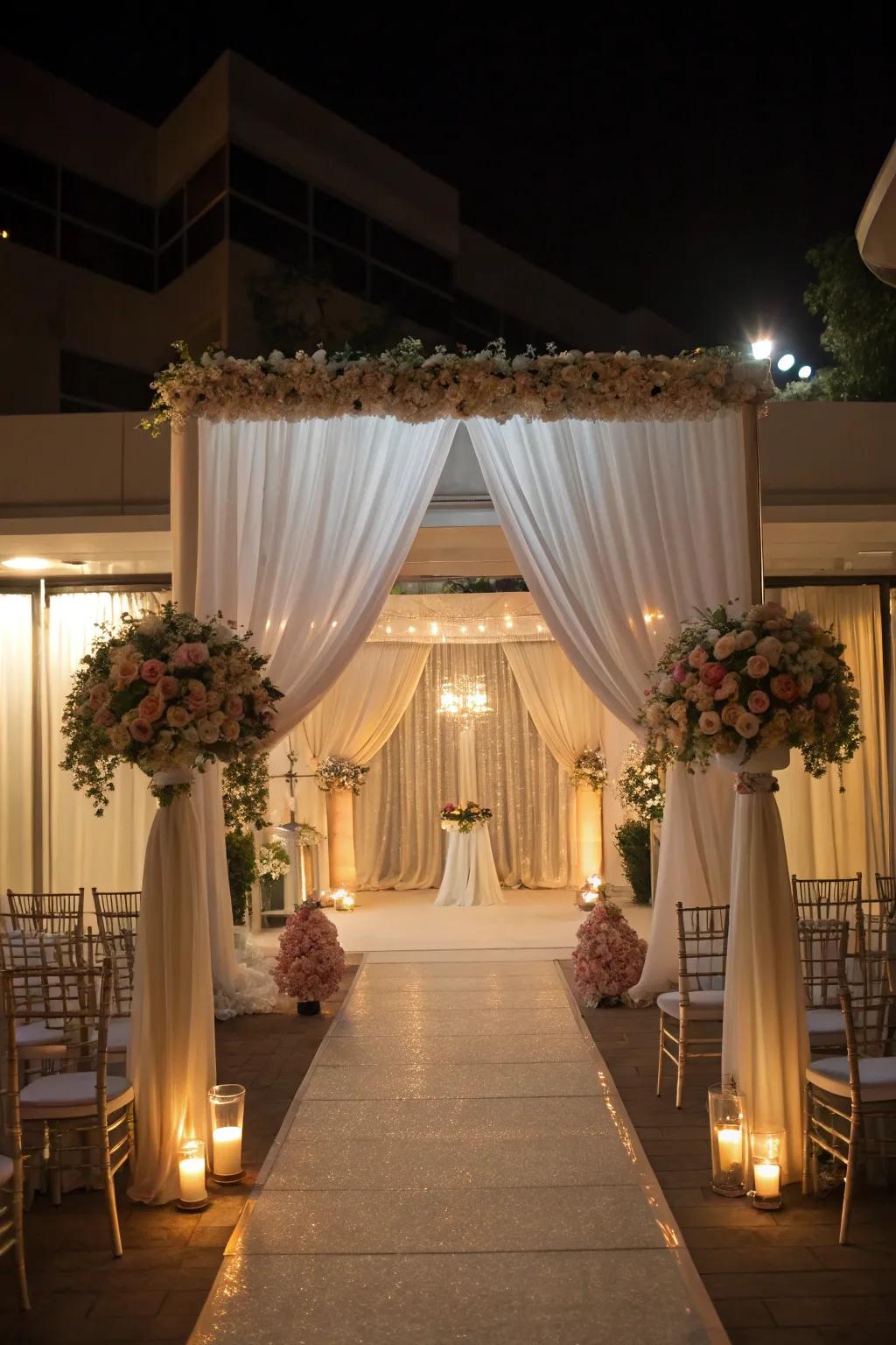 A wedding venue transformed with tapestry, creating an intimate and amorous atmosphere.