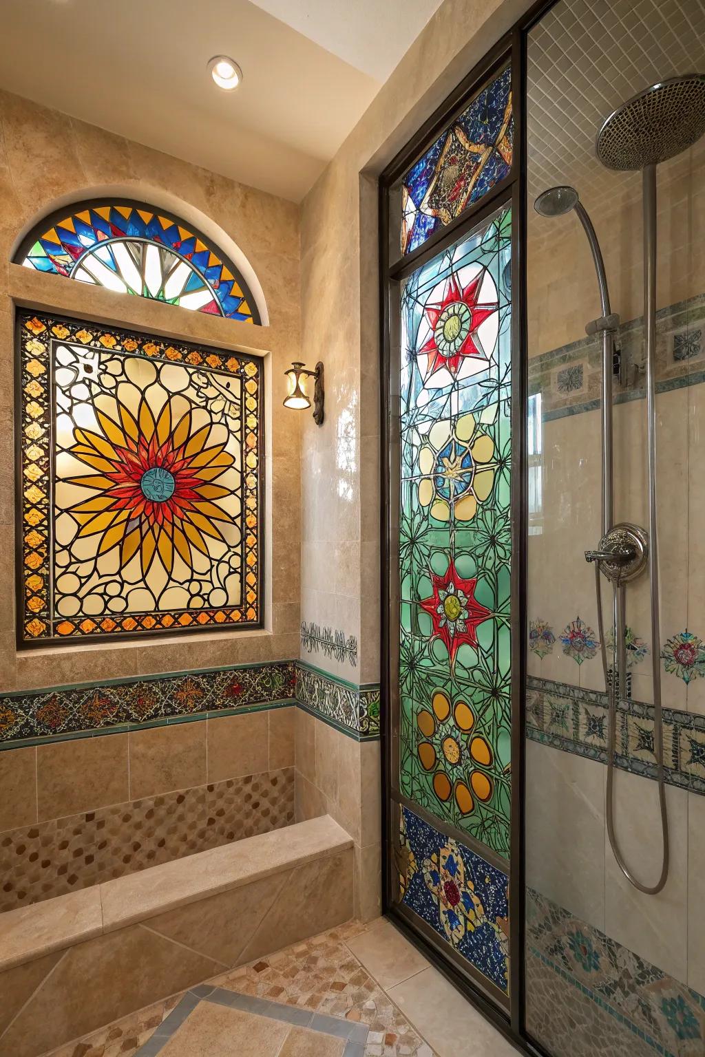 Mosaic designs incorporate both pattern and chromatic variance, contributing an imaginative atmosphere to the shower.