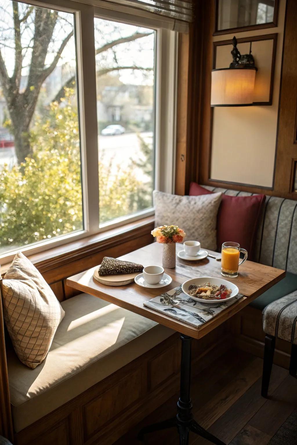 A breakfast nook by the window offers a lovely spot for casual meals.