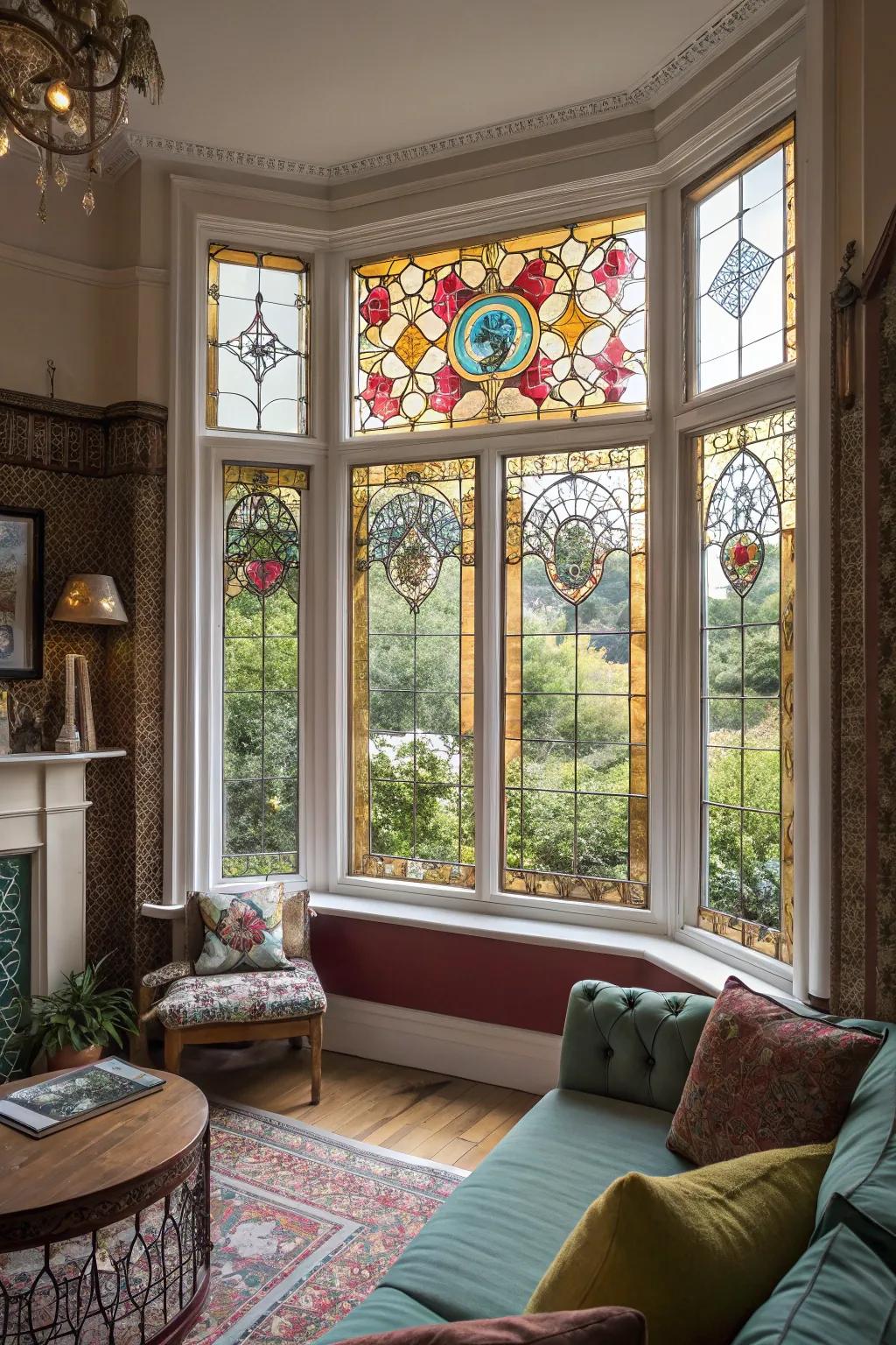 Ornamental colored panes add artistic flair to bay windows.
