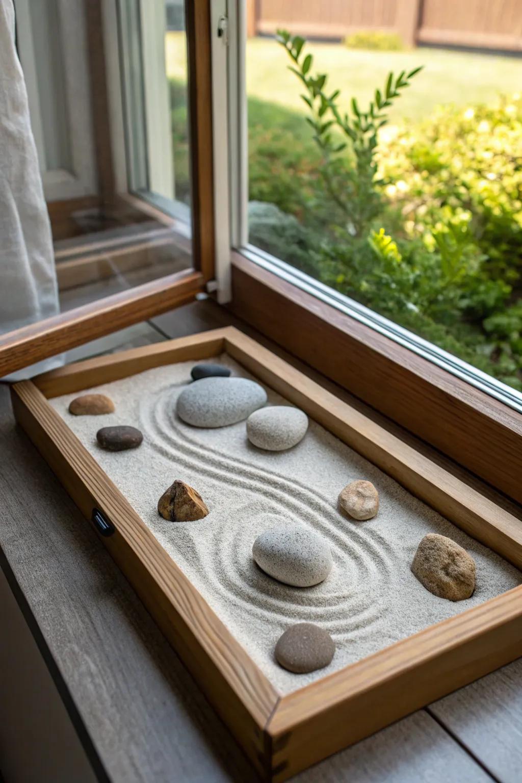 A meditative garden situated on the windowsill delivers tranquility and calmness.
