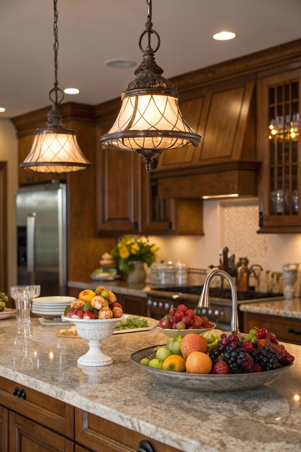 Striking hanging lights emphasize the island's design and create a cozy atmosphere.