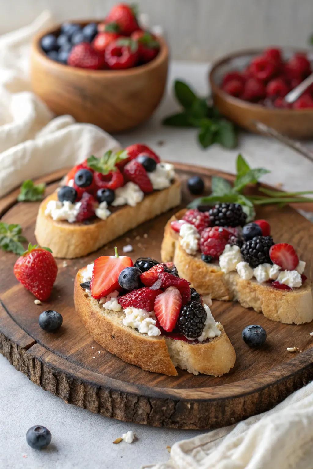 Berry and goat cheese crostini offer a refreshing and elegant appetizer.