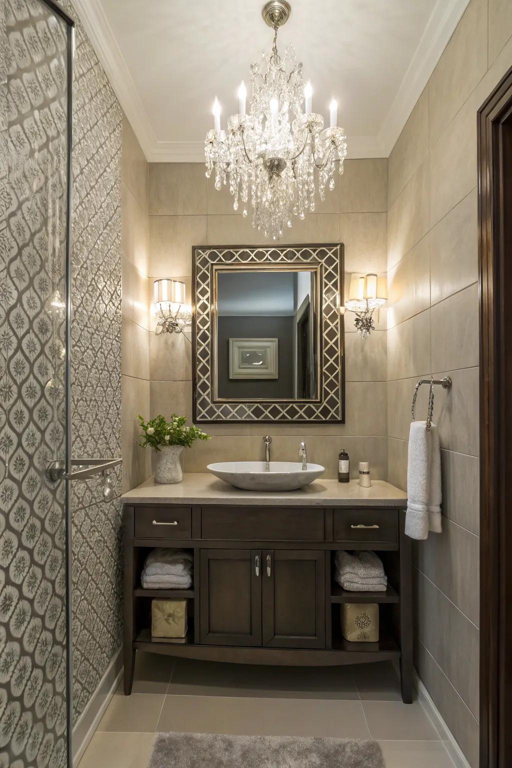 A small chandelier adds a hint of opulence to a powder room.