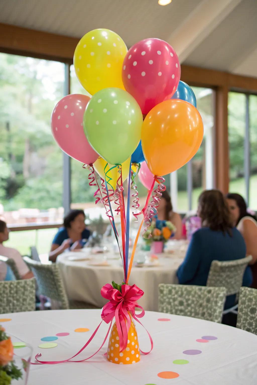 A vibrant balloon centerpiece brings a cheerful vibe to the birthday festivities.