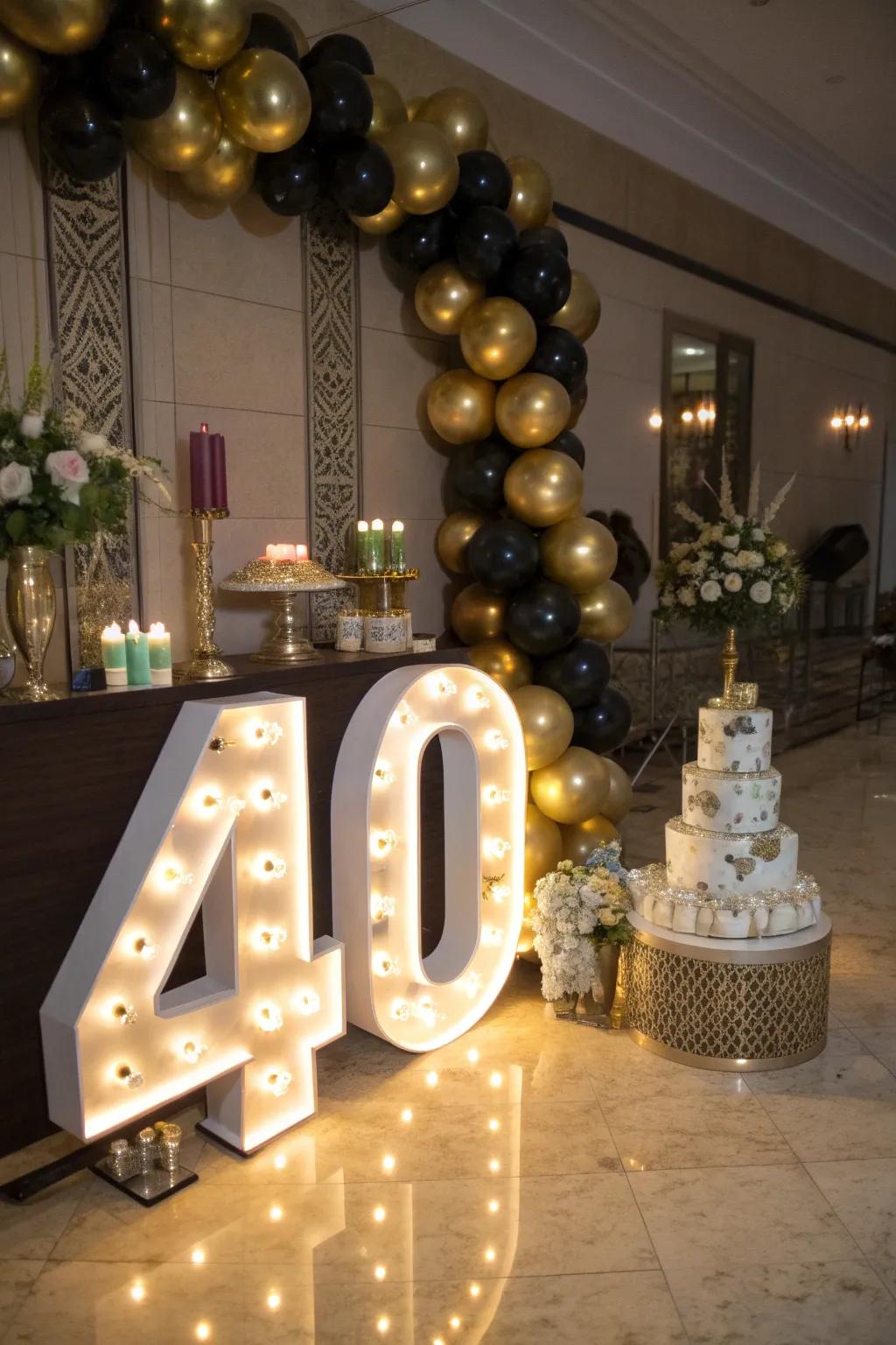 Spotlight your 40th with radiant number displays.