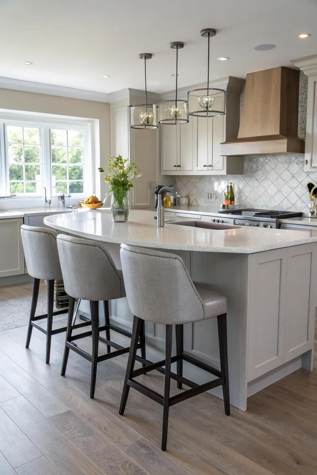 Relaxed seating improves sociability in a kitchen that features a 45-degree angled island.