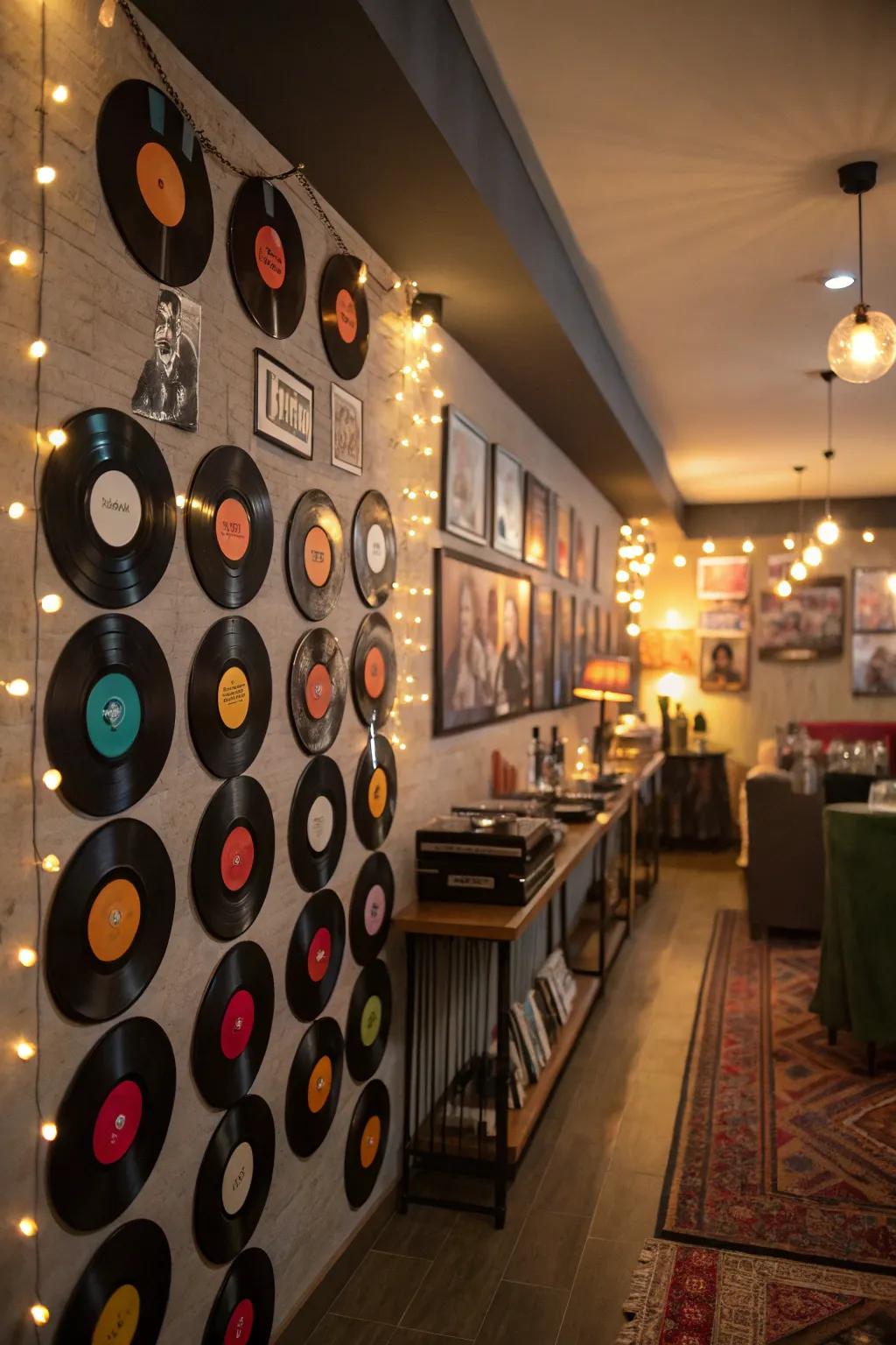 Phonograph discs evoke a sense of nostalgia as a backdrop for an 80s gathering.