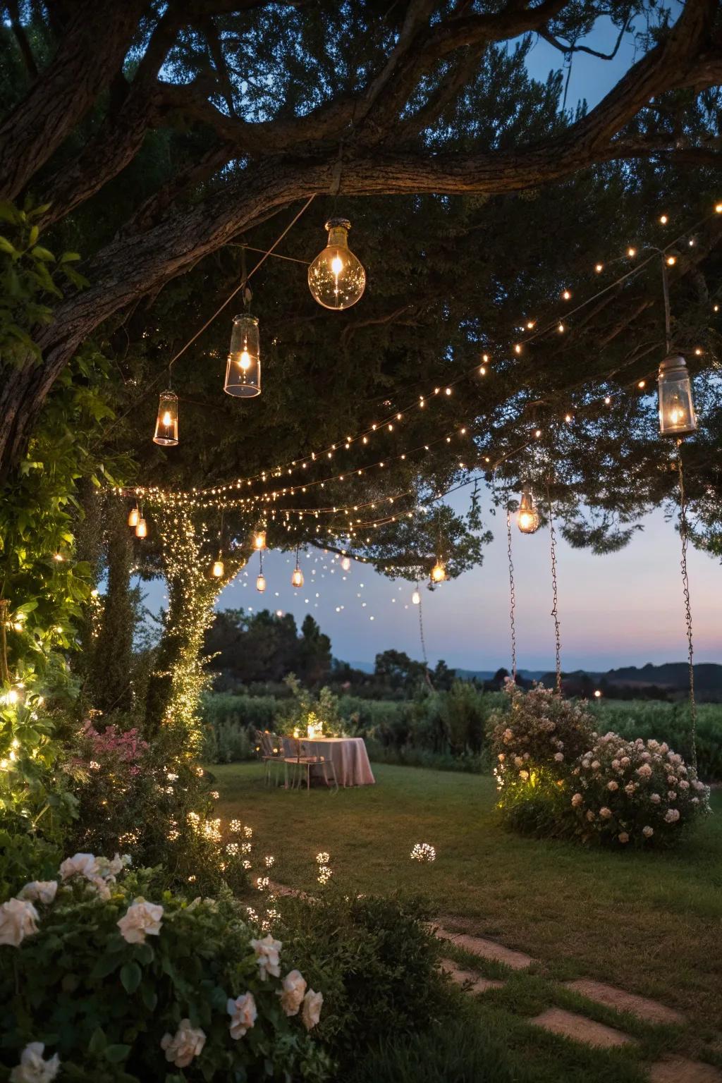 A garden party is made more magical by the enchanting light from ornamental lights.