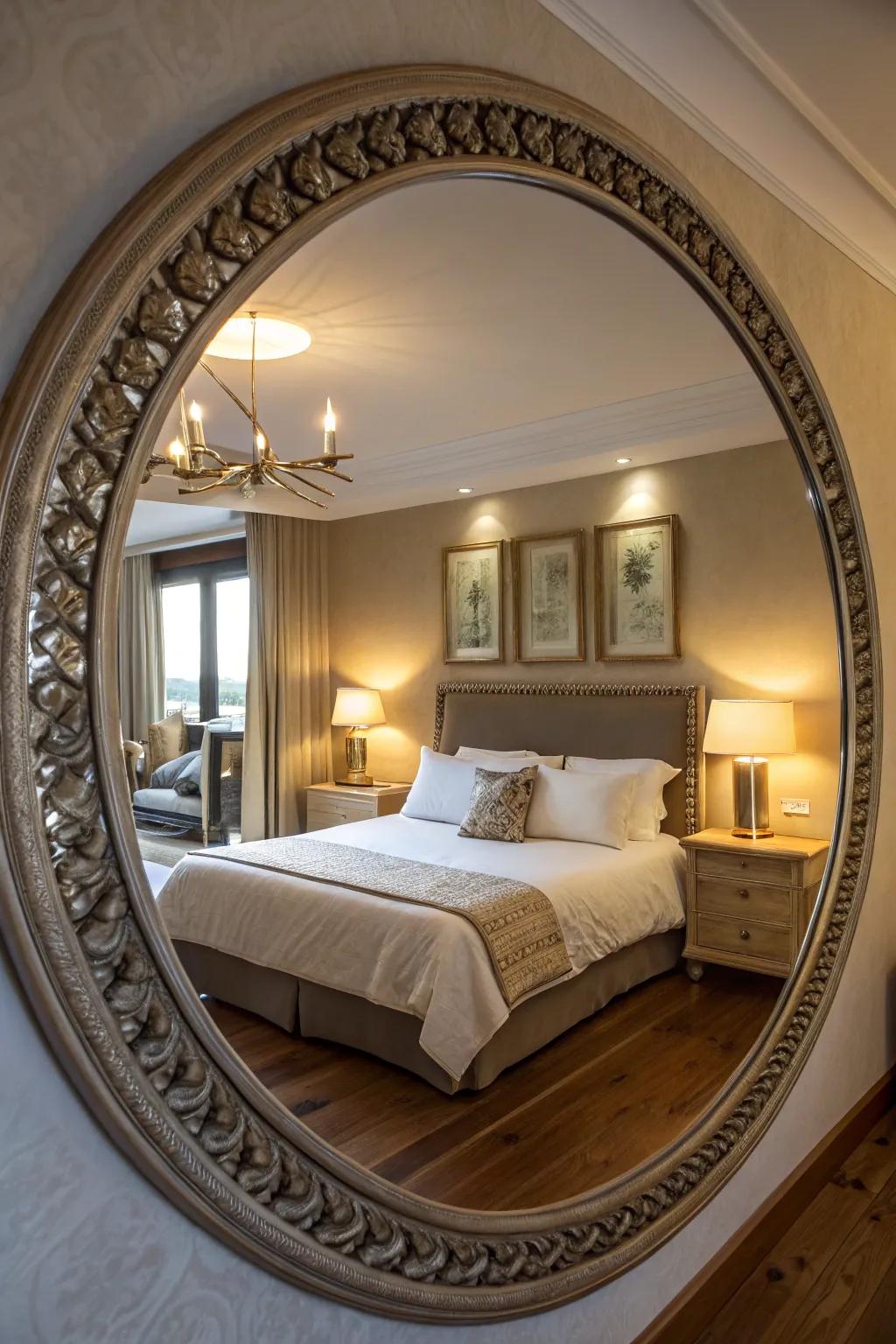 An elegant circular mirror amplifies light and space above the bed.