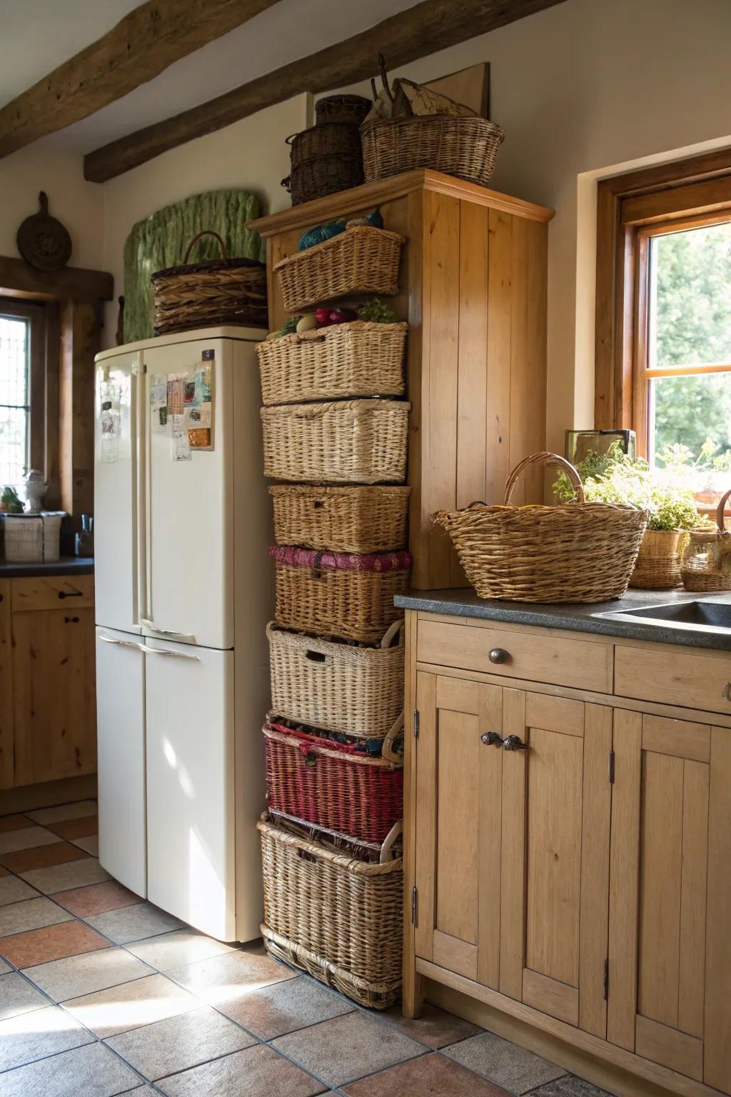 Woven baskets provide both style and holding to the area above your fridge.
