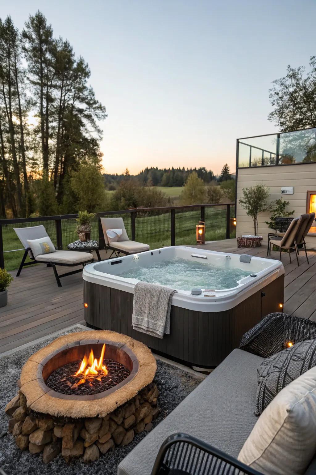 A blaze element infuses warmth and atmosphere into your personal spa evenings.