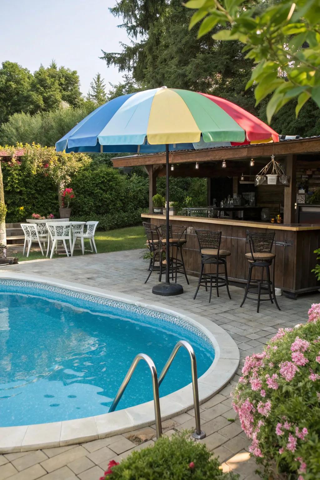 Incorporate lively shade to your pool bar with a trendy umbrella.