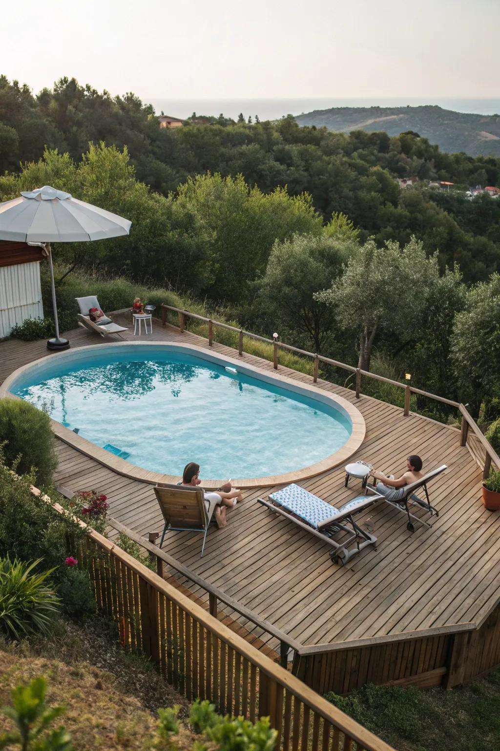 A wood deck enhances beauty and capability to your pool space.