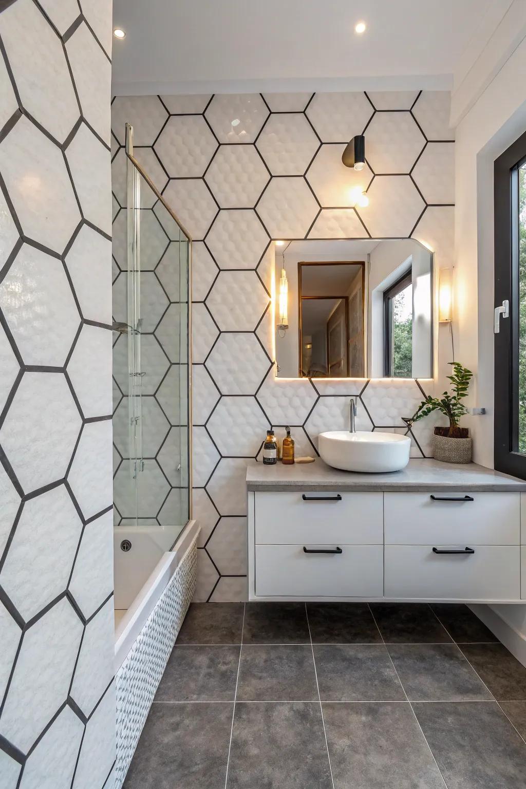Geometric patterns construct a lively and chic standout wall.