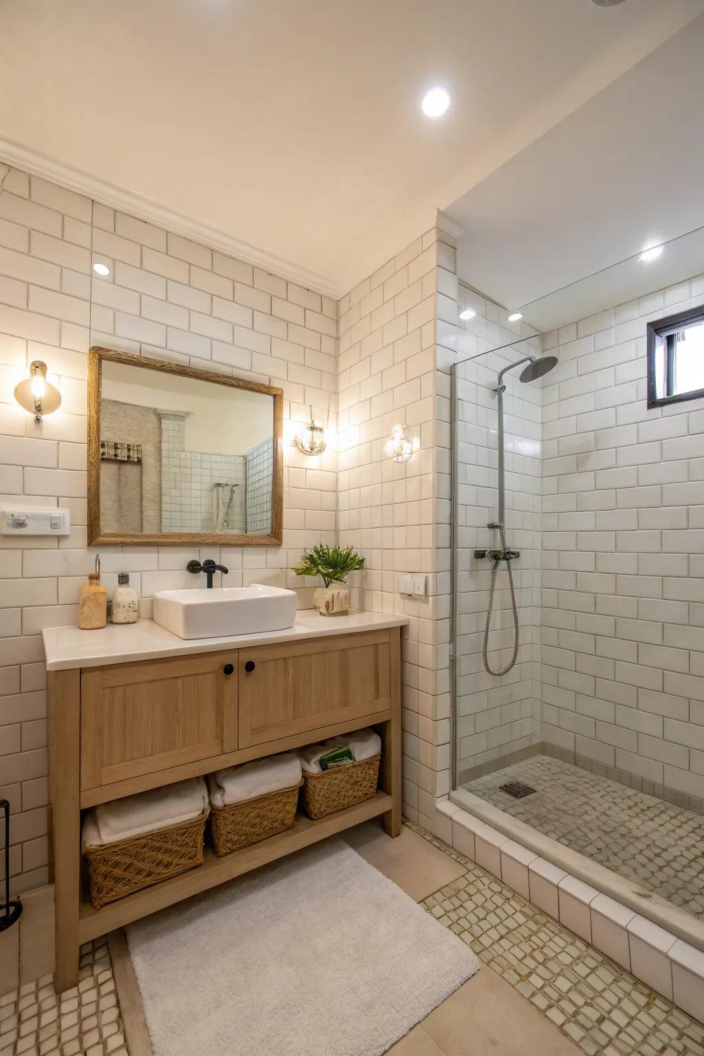 A delicate palette establishes a peaceful ambiance within the lavatory.