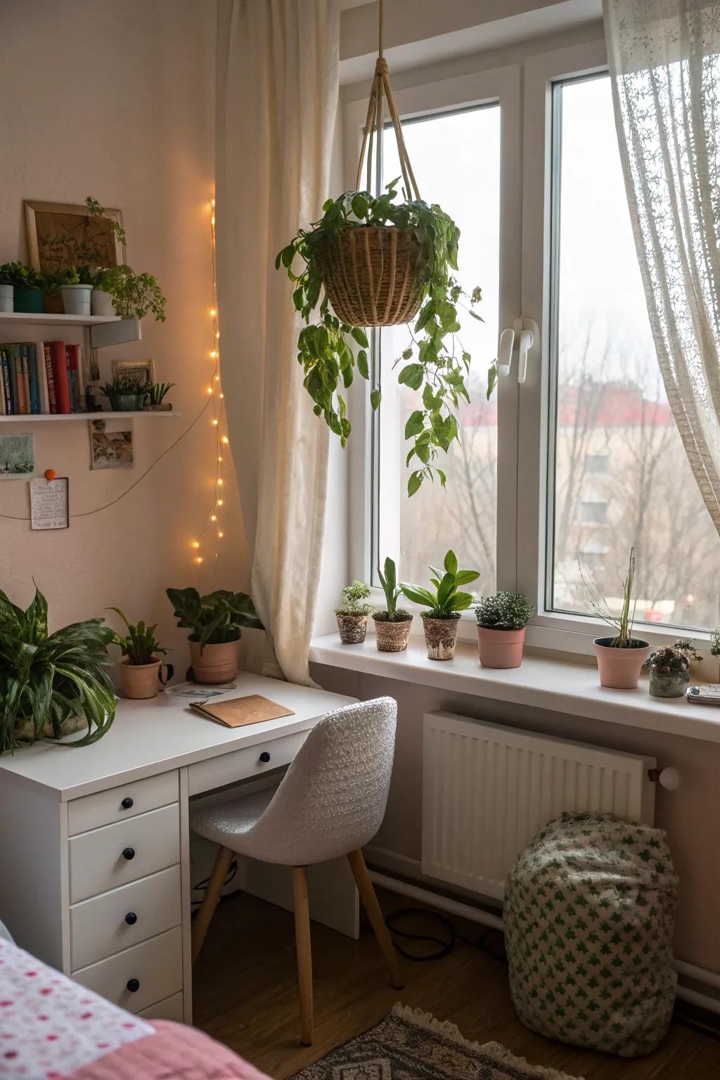 Green plants enhancing the vibrancy and ambiance of a trendy girl’s room.