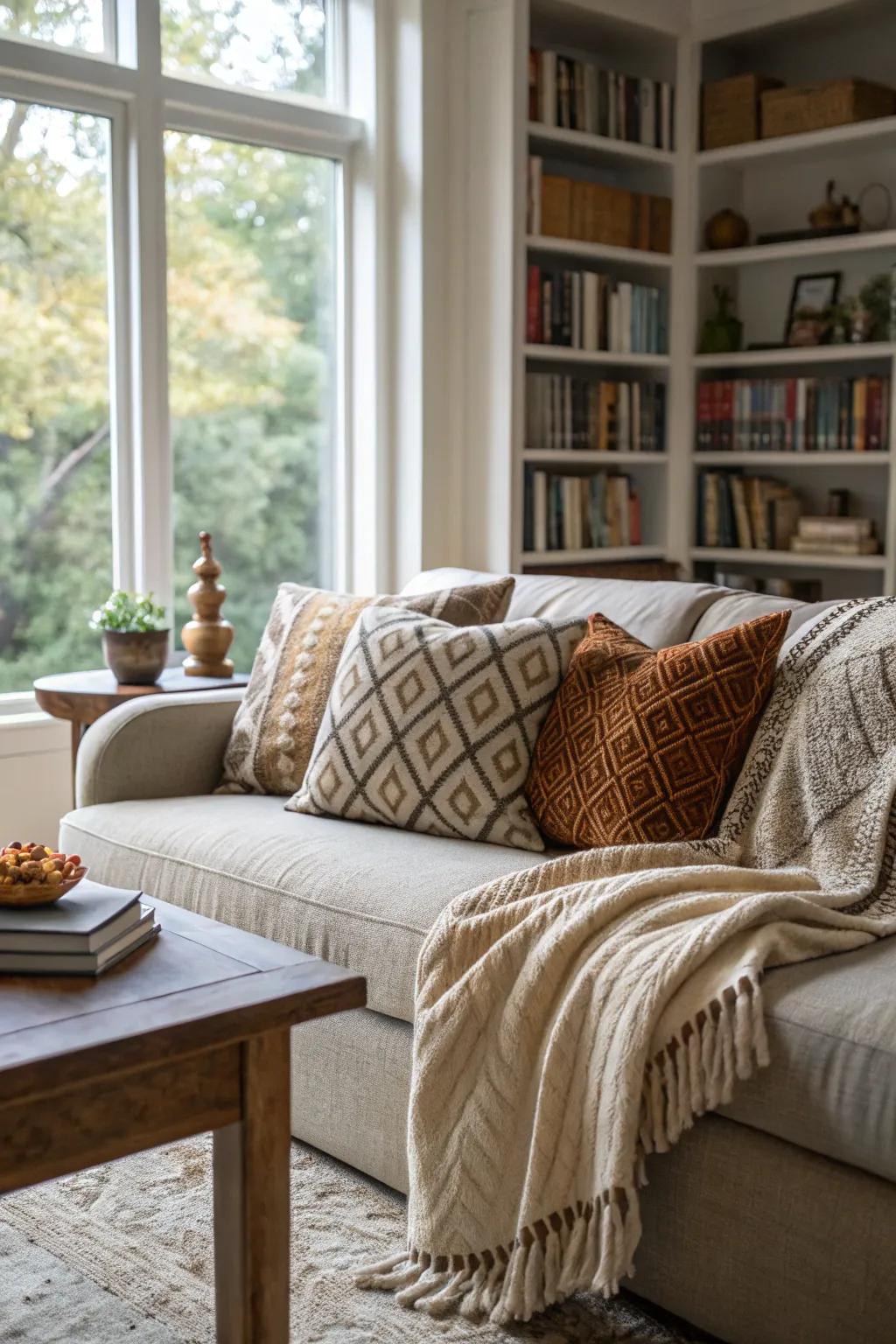 A cozy living room with layered textures for ultimate comfort.