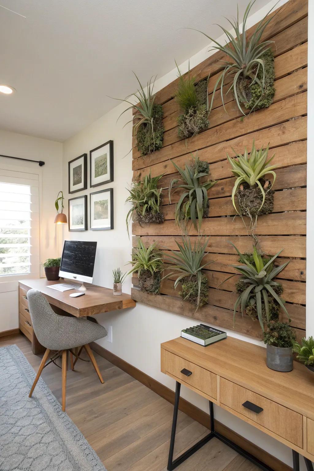Air plants mounted on a wall, decorating an office space.