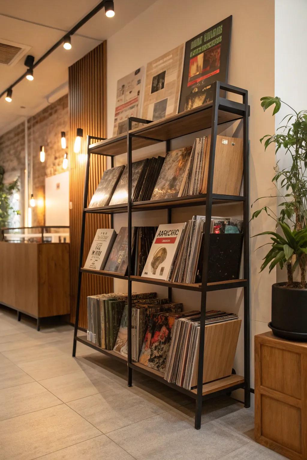 An elegant tiered storage rack designed for organizing vinyl records and literature.