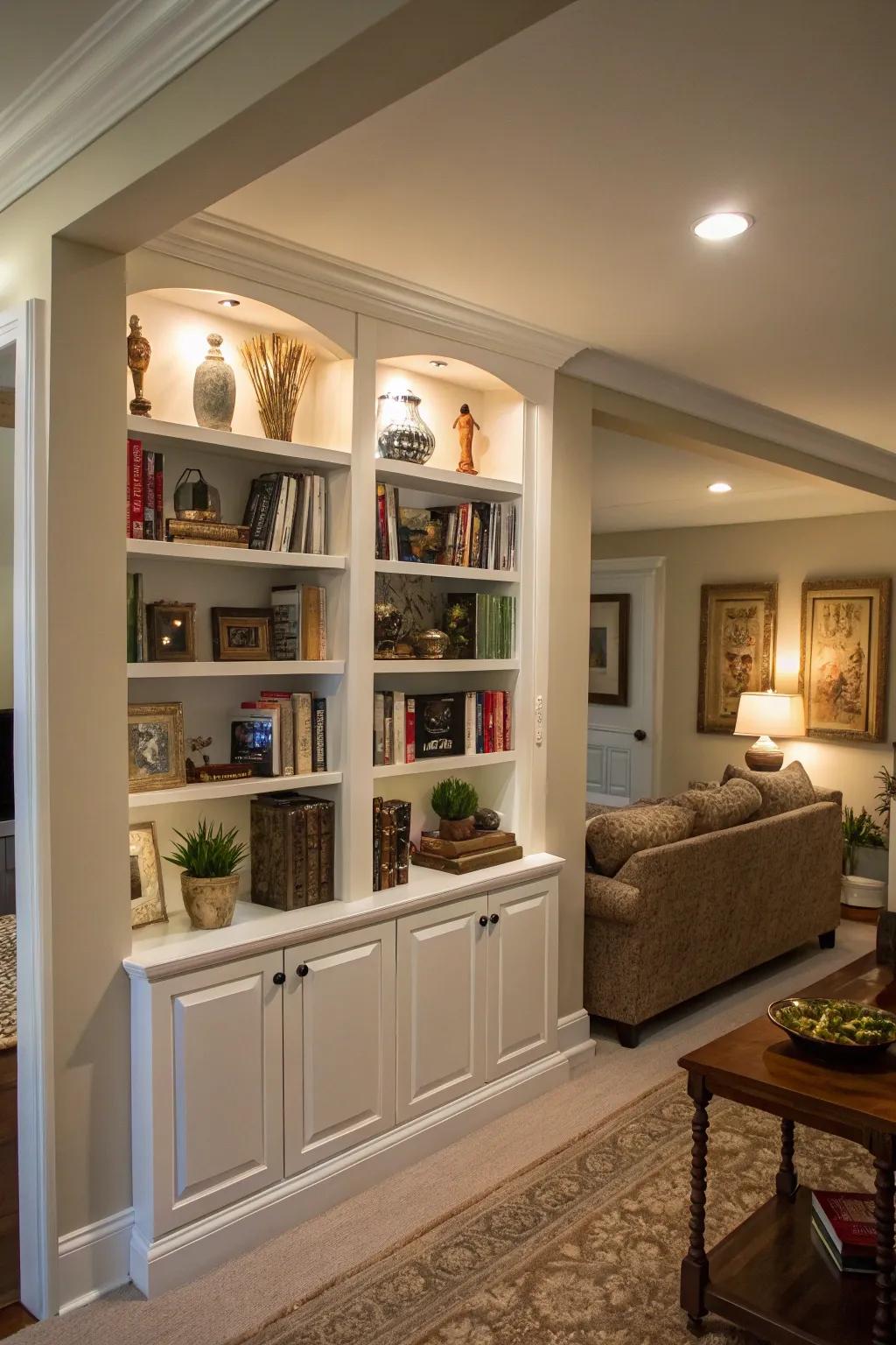 Integrated shelving introduces practicality and sophistication.
