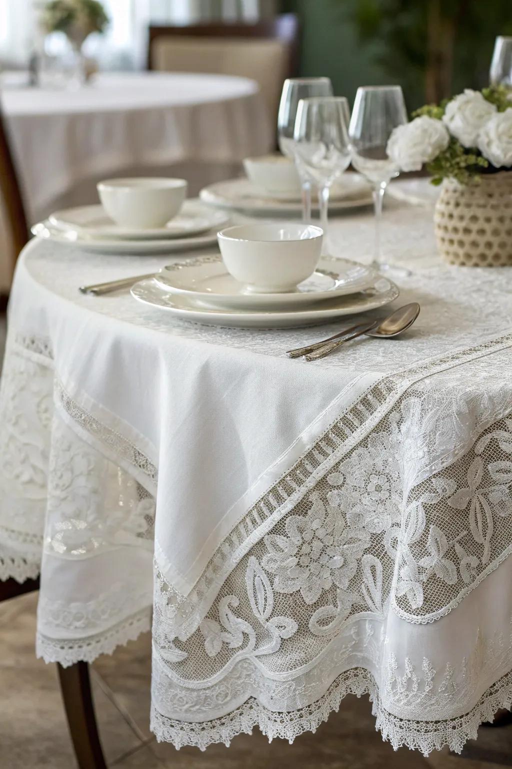 Layered white textiles contribute sophistication and texture to the dinner table.