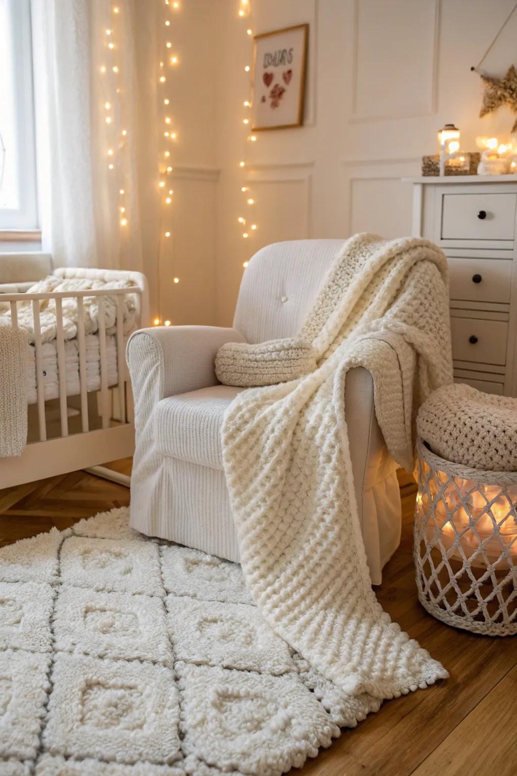 The all-white nursery is made warmer by gentle textures.