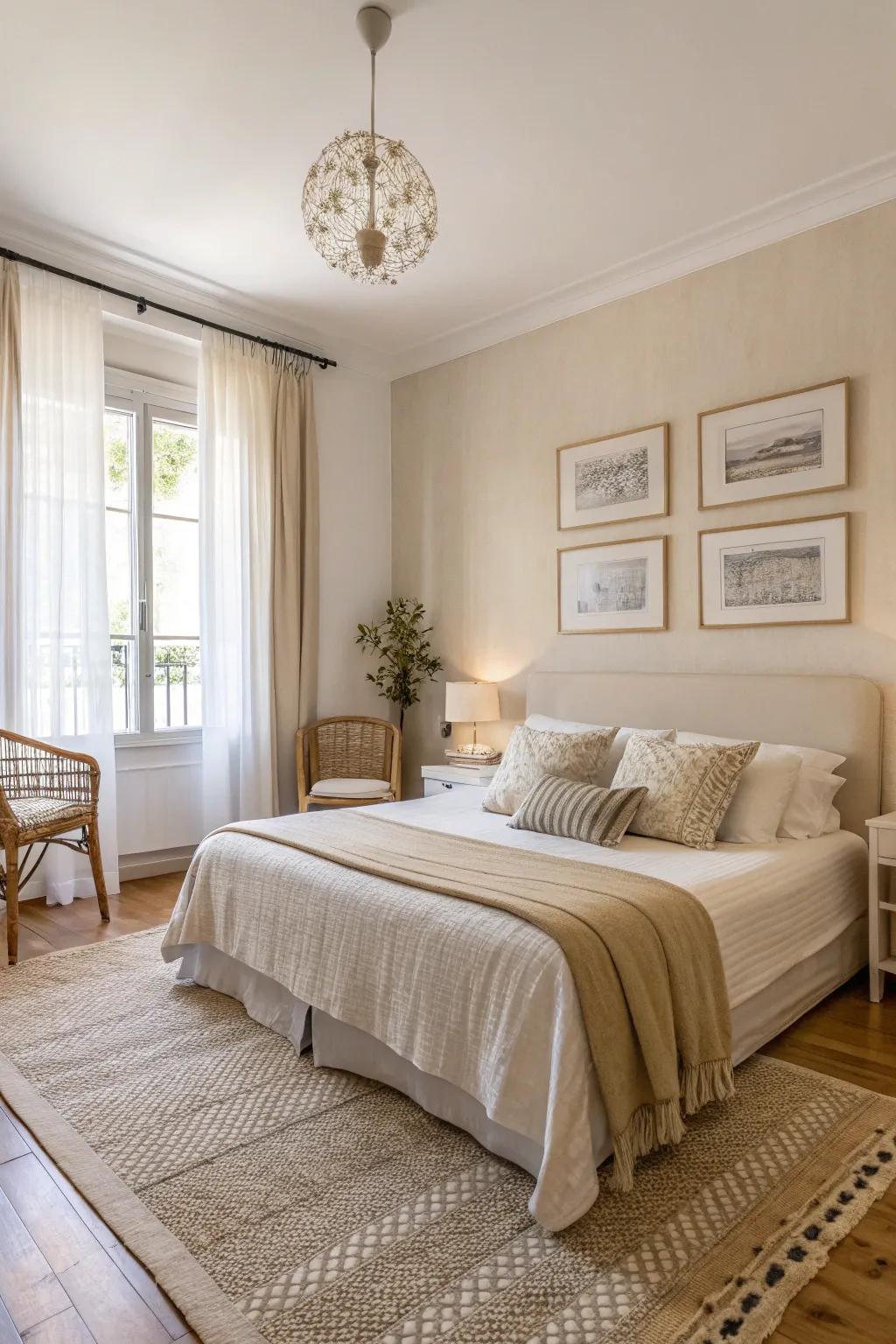 An apartment bedroom showcasing a tranquil neutral hue scheme using soft whites and beiges.