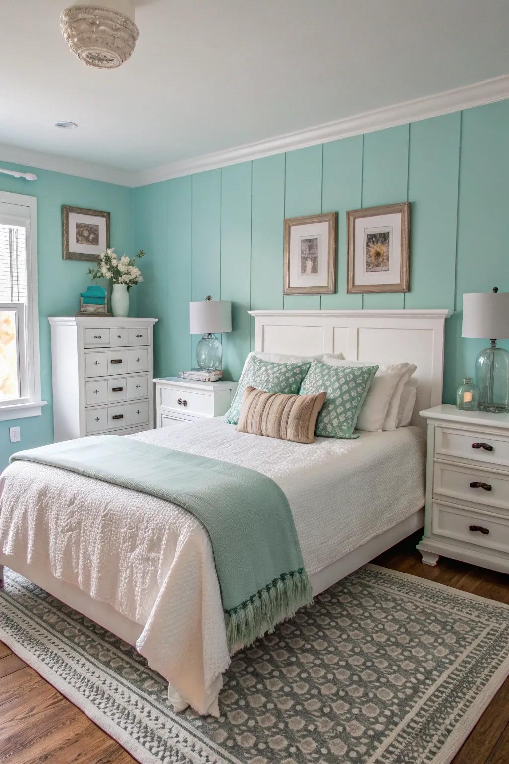 Vanilla and pale accents enhance sky-tinted walls beautifully.