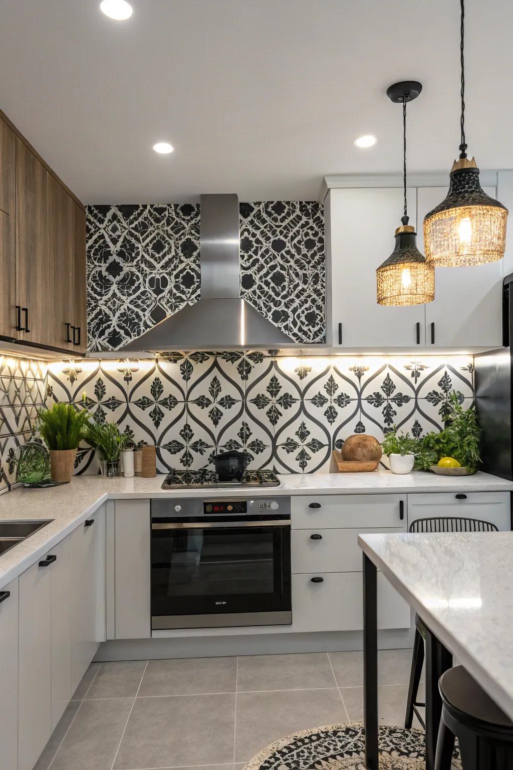 A modern kitchen is accentuated by an eye-catching black and white arabesque tile backsplash.